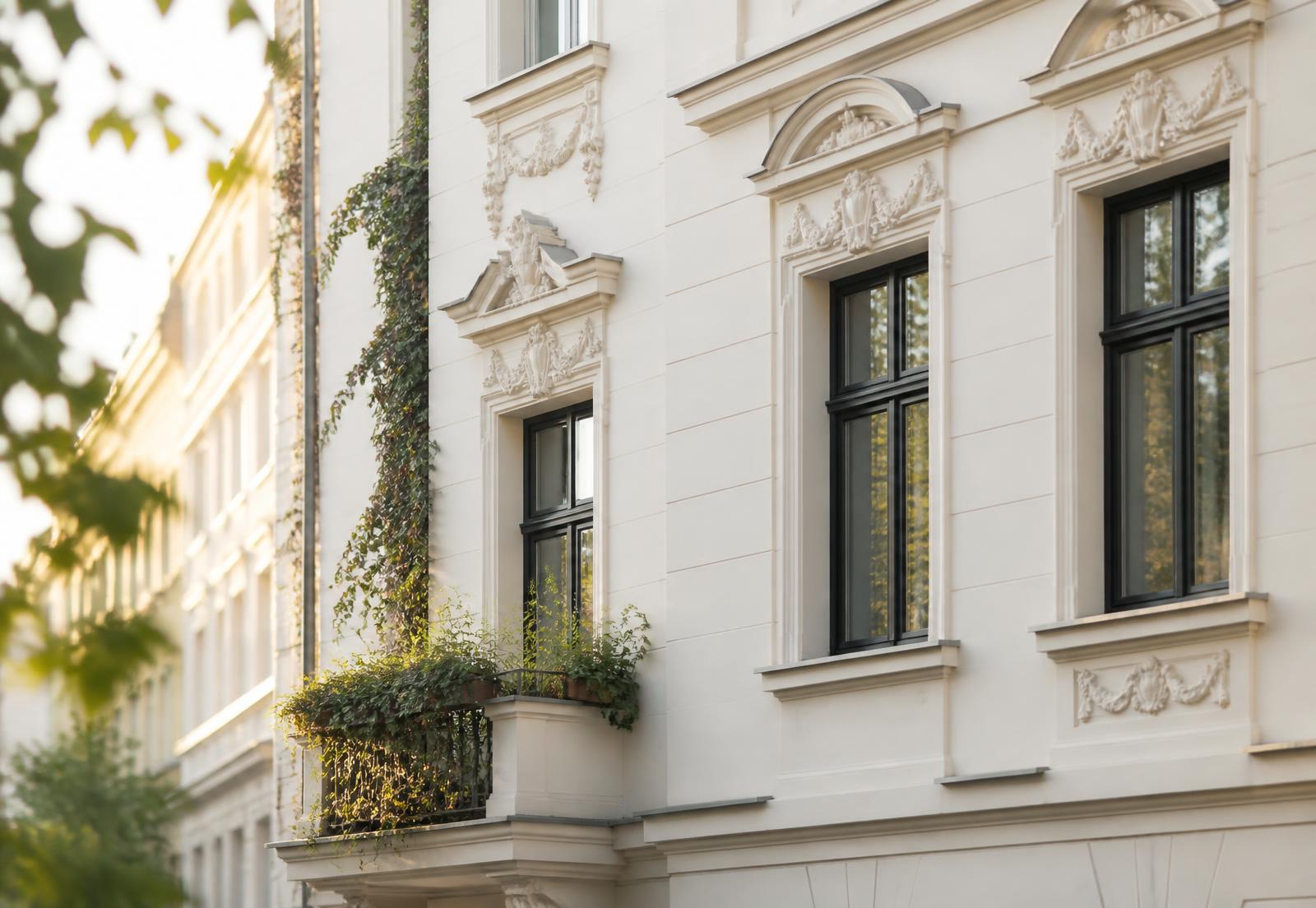 Berliner Altbaufassade mit hohen Fenstern im Morgenlicht